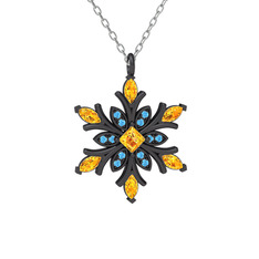 Nix Kar Tanesi Kolye - Sitrin ve akuamarin 925 ayar siyah rodyum kaplama gümüş kolye (40 cm beyaz altın rolo zincir) #1wkxsv9