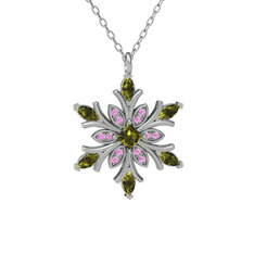 Nix Kar Tanesi Kolye - Peridot ve pembe kuvars 8 ayar beyaz altın kolye (40 cm beyaz altın rolo zincir) #2gtmmu