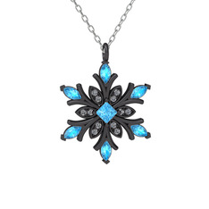 Nix Kar Tanesi Kolye - Akuamarin ve swarovski 925 ayar siyah rodyum kaplama gümüş kolye (40 cm beyaz altın rolo zincir) #3bbbu