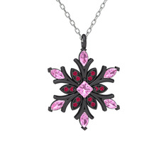 Nix Kar Tanesi Kolye - Pembe kuvars ve rodolit garnet 925 ayar siyah rodyum kaplama gümüş kolye (40 cm beyaz altın rolo zincir) #3xm43i