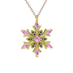 Nix Kar Tanesi Kolye - Pembe kuvars ve ametist 18 ayar altın kolye (40 cm rose altın rolo zincir) #4muipe