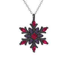 Nix Kar Tanesi Kolye - Rodolit garnet ve ametist 925 ayar siyah rodyum kaplama gümüş kolye (40 cm beyaz altın rolo zincir) #50j0fw