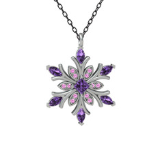 Nix Kar Tanesi Kolye - Ametist ve pembe kuvars 18 ayar beyaz altın kolye (40 cm gümüş rolo zincir) #63kfys