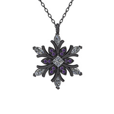 Beyaz zirkon ve ametist 925 ayar siyah rodyum kaplama gümüş kolye (40 cm gümüş rolo zincir)