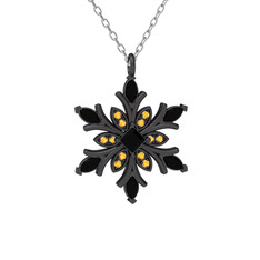 Nix Kar Tanesi Kolye - Siyah zirkon ve sitrin 925 ayar siyah rodyum kaplama gümüş kolye (40 cm beyaz altın rolo zincir) #83j76r