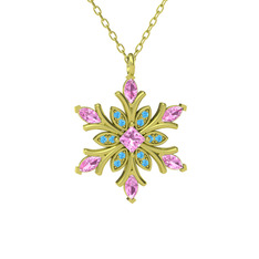 Nix Kar Tanesi Kolye - Pembe kuvars ve akuamarin 8 ayar altın kolye (40 cm gümüş rolo zincir) #8jdw2l