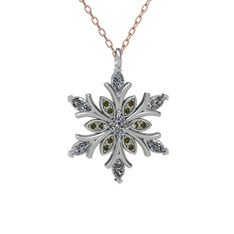 Nix Kar Tanesi Kolye - Beyaz zirkon ve peridot 14 ayar beyaz altın kolye (40 cm rose altın rolo zincir) #9443ex