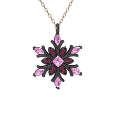 Nix Kar Tanesi Kolye - Pembe kuvars ve rodolit garnet 925 ayar siyah rodyum kaplama gümüş kolye (40 cm rose altın rolo zincir) #9wue6x