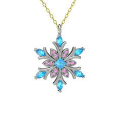 Akuamarin ve pembe kuvars 18 ayar beyaz altın kolye (40 cm altın rolo zincir)