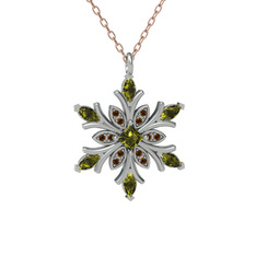 Peridot ve dumanlı kuvars 14 ayar beyaz altın kolye (40 cm gümüş rolo zincir)