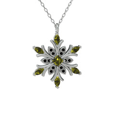 Peridot ve siyah zirkon 925 ayar gümüş kolye (40 cm beyaz altın rolo zincir)