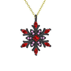 Garnet ve pembe kuvars 925 ayar siyah rodyum kaplama gümüş kolye (40 cm altın rolo zincir)
