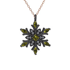 Nix Kar Tanesi Kolye - Peridot ve pırlanta 925 ayar siyah rodyum kaplama gümüş kolye (0.1056 karat, 40 cm rose altın rolo zincir) #m0ynt2