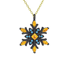 Nix Kar Tanesi Kolye - Sitrin ve akuamarin 925 ayar siyah rodyum kaplama gümüş kolye (40 cm altın rolo zincir) #qwv3zh