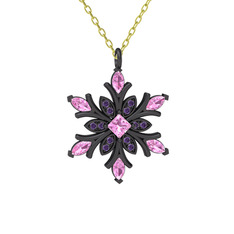 Pembe kuvars ve ametist 925 ayar siyah rodyum kaplama gümüş kolye (40 cm gümüş rolo zincir)