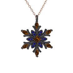 Nix Kar Tanesi Kolye - Dumanlı kuvars ve lab safir 925 ayar siyah rodyum kaplama gümüş kolye (40 cm gümüş rolo zincir) #s52c8w