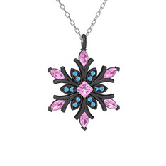 Nix Kar Tanesi Kolye - Pembe kuvars ve akuamarin 925 ayar siyah rodyum kaplama gümüş kolye (40 cm beyaz altın rolo zincir) #sh4n5