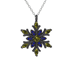 Peridot ve lab safir 925 ayar siyah rodyum kaplama gümüş kolye (40 cm beyaz altın rolo zincir)
