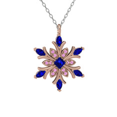 Lab safir ve pembe kuvars 18 ayar rose altın kolye (40 cm beyaz altın rolo zincir)