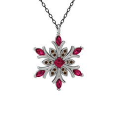 Rodolit garnet ve dumanlı kuvars 14 ayar beyaz altın kolye (40 cm gümüş rolo zincir)