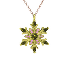 Nix Kar Tanesi Kolye - Peridot ve pembe kuvars 14 ayar altın kolye (40 cm rose altın rolo zincir) #v6erpi