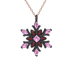 Nix Kar Tanesi Kolye - Pembe kuvars ve garnet 925 ayar siyah rodyum kaplama gümüş kolye (40 cm rose altın rolo zincir) #yjbh7w