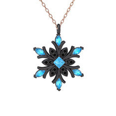 Nix Kar Tanesi Kolye - Akuamarin ve siyah zirkon 925 ayar siyah rodyum kaplama gümüş kolye (40 cm rose altın rolo zincir) #zb2joq