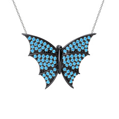 Diana Kelebek Kolye - Akuamarin 925 ayar siyah rodyum kaplama gümüş kolye (40 cm beyaz altın rolo zincir) #1ktwuup
