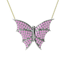 Diana Kelebek Kolye - Pembe kuvars 8 ayar beyaz altın kolye (40 cm gümüş rolo zincir) #1r8d5ib