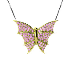 Diana Kelebek Kolye - Pembe kuvars 18 ayar altın kolye (40 cm gümüş rolo zincir) #7mp6mu