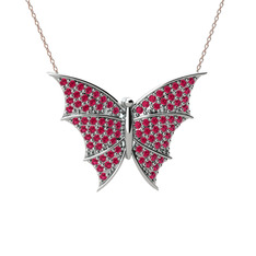 Diana Kelebek Kolye - Rodolit garnet 14 ayar beyaz altın kolye (40 cm rose altın rolo zincir) #hmr4nb