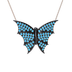 Diana Kelebek Kolye - Akuamarin 925 ayar siyah rodyum kaplama gümüş kolye (40 cm rose altın rolo zincir) #my6gsy