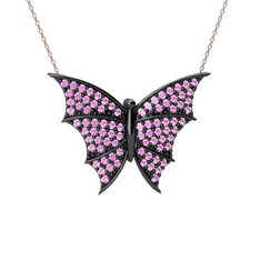 Diana Kelebek Kolye - Pembe kuvars 925 ayar siyah rodyum kaplama gümüş kolye (40 cm rose altın rolo zincir) #sze7uo