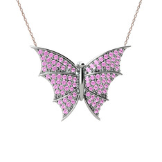 Pembe kuvars 14 ayar beyaz altın kolye (40 cm gümüş rolo zincir)