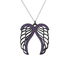 Raziel Melek Kanadı Kolye - Ametist 925 ayar siyah rodyum kaplama gümüş kolye (40 cm beyaz altın rolo zincir) #12w9h2a