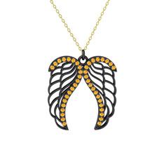 Raziel Melek Kanadı Kolye - Sitrin 925 ayar siyah rodyum kaplama gümüş kolye (40 cm altın rolo zincir) #1957h1b