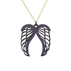 Raziel Melek Kanadı Kolye - Ametist 925 ayar siyah rodyum kaplama gümüş kolye (40 cm altın rolo zincir) #52qxoh