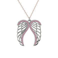 Raziel Melek Kanadı Kolye - Pembe kuvars 14 ayar beyaz altın kolye (40 cm gümüş rolo zincir) #62tlmi