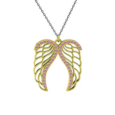 Raziel Melek Kanadı Kolye - Pembe kuvars 14 ayar altın kolye (40 cm gümüş rolo zincir) #68fkir