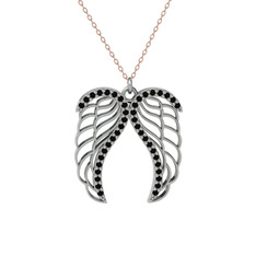 Raziel Melek Kanadı Kolye - Siyah zirkon 18 ayar beyaz altın kolye (40 cm rose altın rolo zincir) #fop5i3