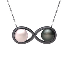 İncili Sonsuzluk Kolye - Pembe inci ve siyah inci 925 ayar siyah rodyum kaplama gümüş kolye (40 cm gümüş rolo zincir) #11depvz