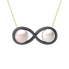 İncili Sonsuzluk Kolye - Pembe inci ve inci 925 ayar siyah rodyum kaplama gümüş kolye (40 cm altın rolo zincir) #13rwsfx