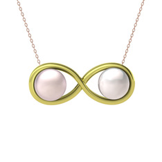 Pembe inci ve inci 14 ayar altın kolye (40 cm rose altın rolo zincir)