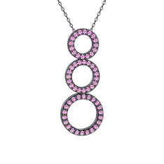 Hiru Daire Kolye - Pembe kuvars 925 ayar siyah rodyum kaplama gümüş kolye (40 cm gümüş rolo zincir) #1cxqgc6