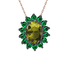Eda Kolye - Peridot ve yeşil kuvars 925 ayar siyah rodyum kaplama gümüş kolye (40 cm rose altın rolo zincir) #10kiv8i