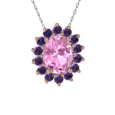 Eda Kolye - Pembe kuvars ve ametist 8 ayar rose altın kolye (40 cm gümüş rolo zincir) #10yvhrj