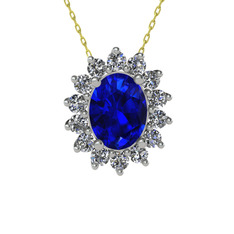 Eda Kolye - Lab safir ve beyaz zirkon 14 ayar beyaz altın kolye (40 cm altın rolo zincir) #123bpzs