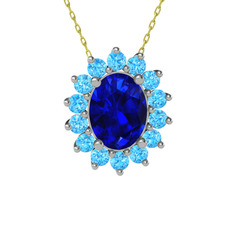 Lab safir ve akuamarin 14 ayar beyaz altın kolye (40 cm altın rolo zincir)