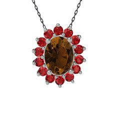 Eda Kolye - Dumanlı kuvars ve garnet 14 ayar beyaz altın kolye (40 cm gümüş rolo zincir) #12fsard