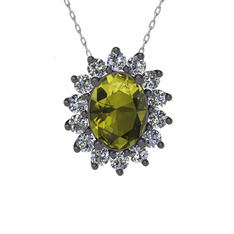 Peridot ve swarovski 925 ayar siyah rodyum kaplama gümüş kolye (40 cm gümüş rolo zincir)